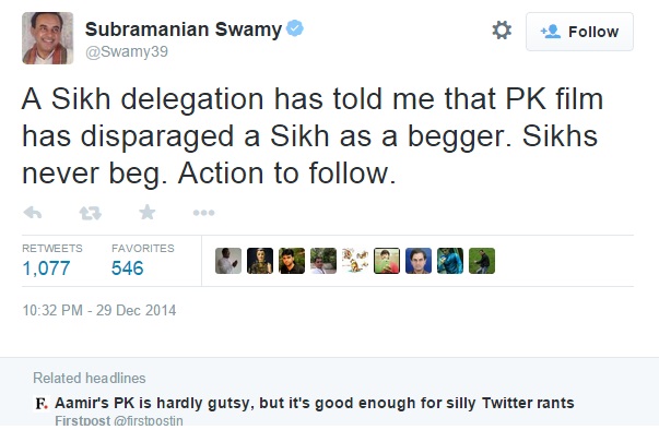 Subaramanian Swami : PK movie has disparaged a Sikh as a Begger